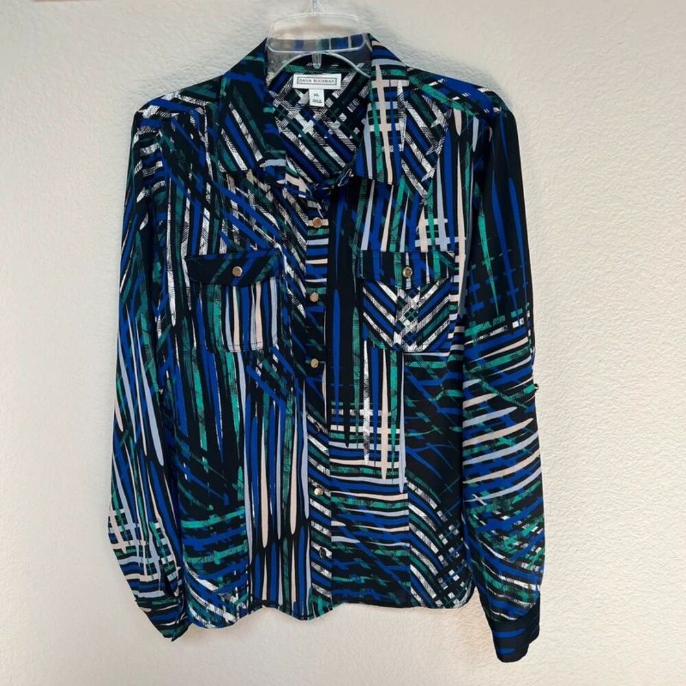 Dana Buchman Abstract Geometric Striped Roll Tab Blouse size XL